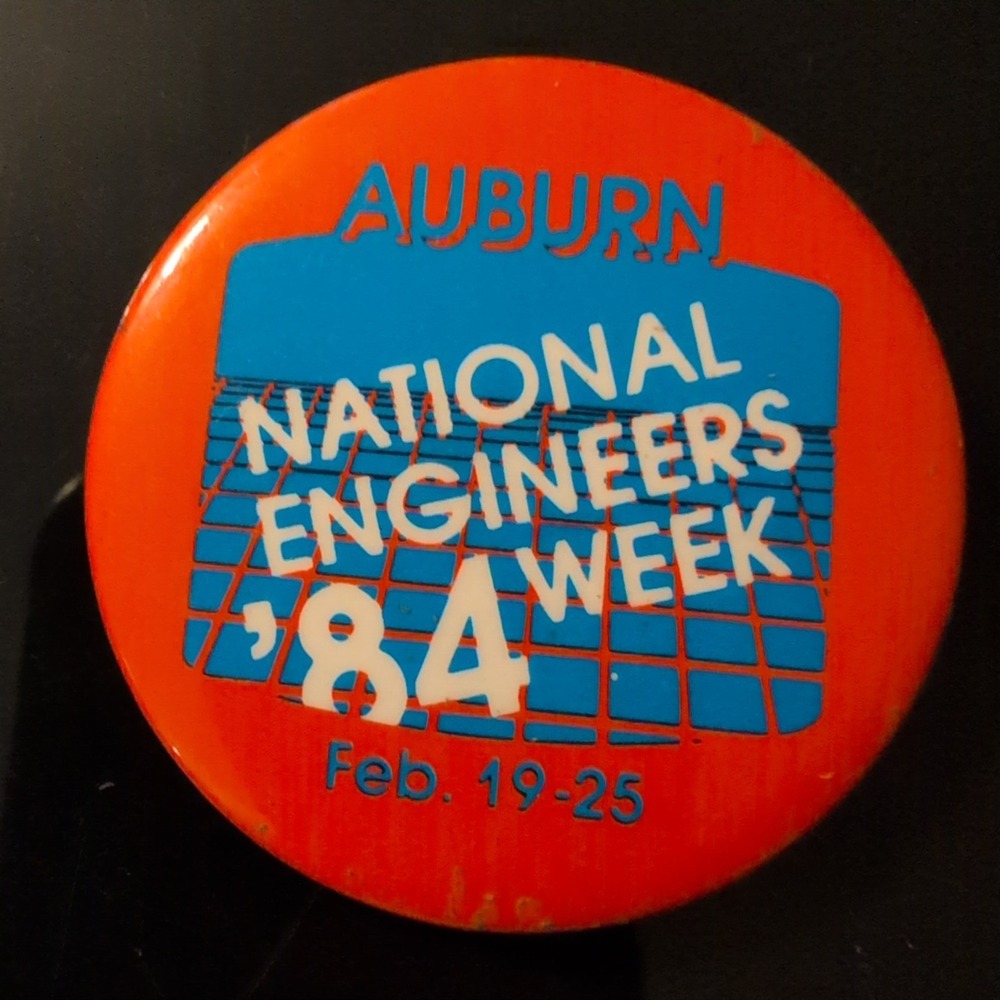 Auburn University National Engineers Week 1984 Vtg Pinback Button Orange Blue - Picture 1 of 2